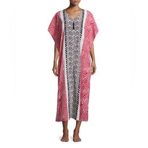 Oscar de la Renta Sahara Printed Zip Caftan Striped Zebra Pattern Midi Red S/M